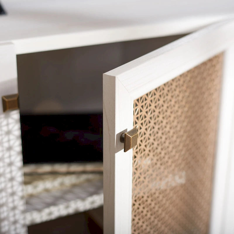 Meuble TV multimédia 4 portes de 160 cm avec portes en maille grillagée dorée