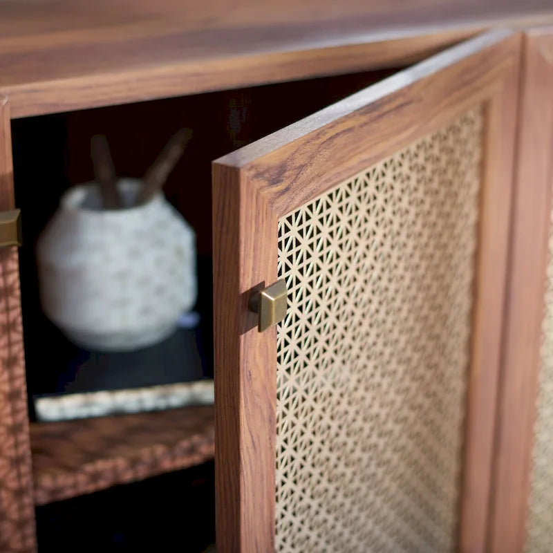 Meuble TV multimédia 4 portes de 160 cm avec portes en maille grillagée dorée