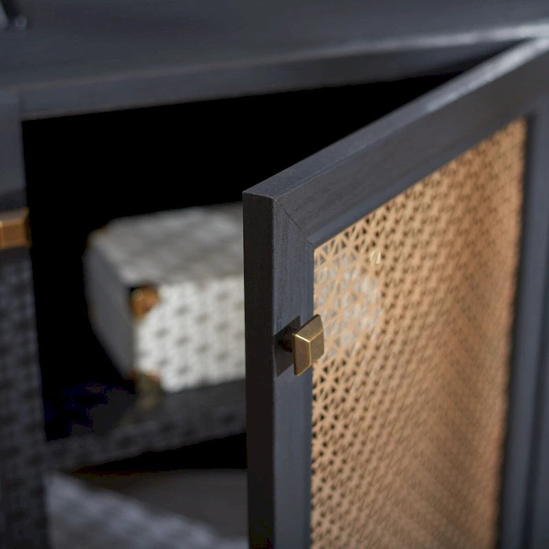 Meuble TV multimédia 4 portes de 160 cm avec portes en maille grillagée dorée