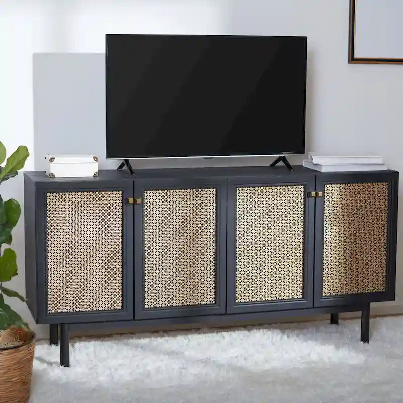 Meuble TV multimédia 4 portes de 160 cm avec portes en maille grillagée dorée