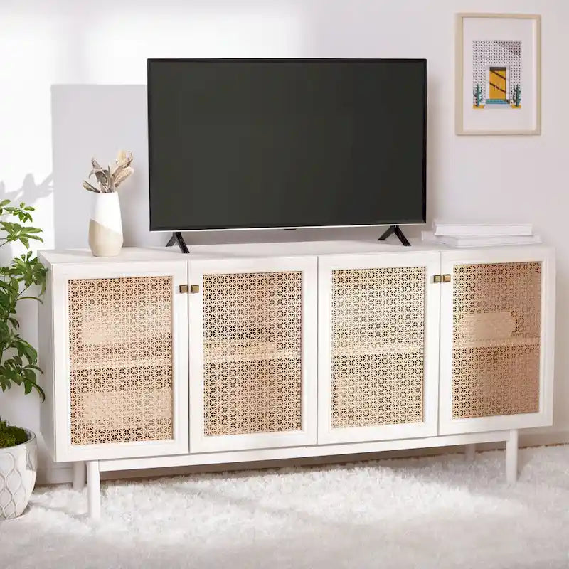 Meuble TV multimédia 4 portes de 160 cm avec portes en maille grillagée dorée