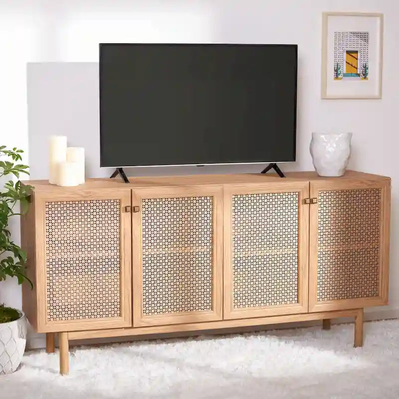 Meuble TV multimédia 4 portes de 160 cm avec portes en maille grillagée dorée