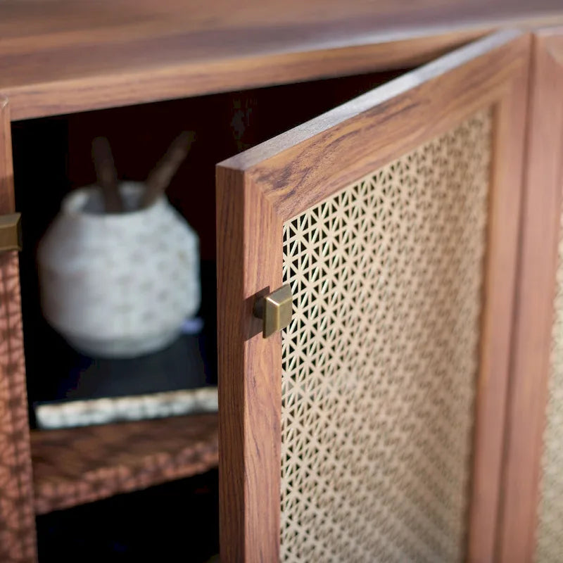 Meuble TV multimédia 4 portes de 160 cm avec portes en maille grillagée dorée