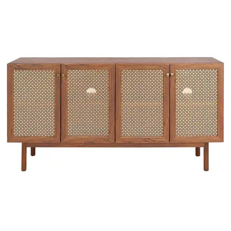 Meuble TV multimédia 4 portes de 160 cm avec portes en maille grillagée dorée