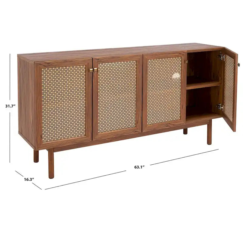 Meuble TV multimédia 4 portes de 160 cm avec portes en maille grillagée dorée