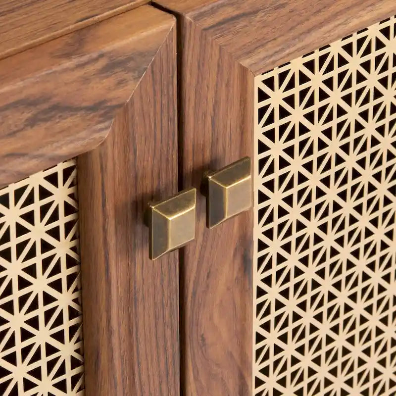 Meuble TV multimédia 4 portes de 160 cm avec portes en maille grillagée dorée
