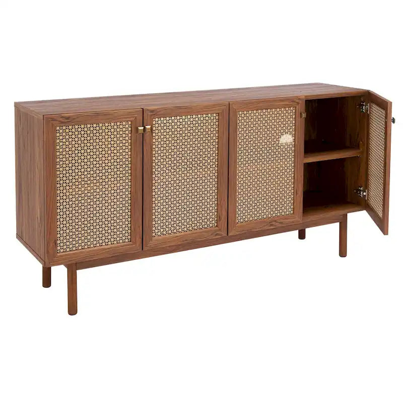 Meuble TV multimédia 4 portes de 160 cm avec portes en maille grillagée dorée