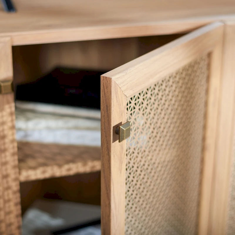 Meuble TV multimédia 4 portes de 160 cm avec portes en maille grillagée dorée