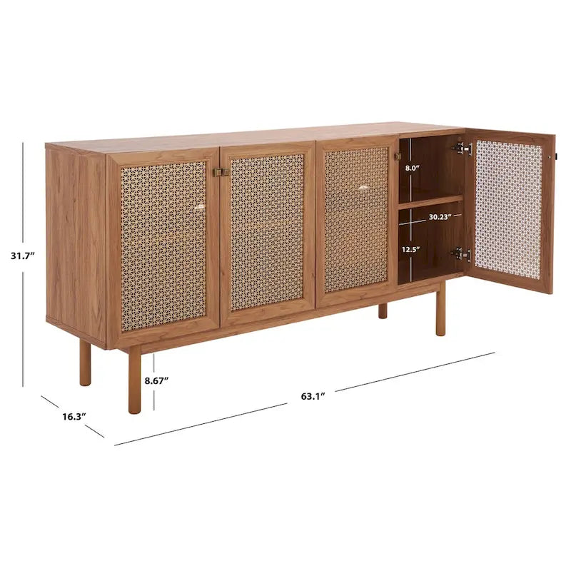 Meuble TV multimédia 4 portes de 160 cm avec portes en maille grillagée dorée