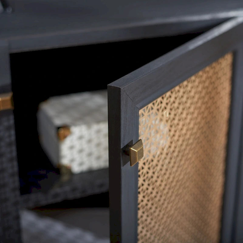 Meuble TV multimédia 4 portes de 160 cm avec portes en maille grillagée dorée