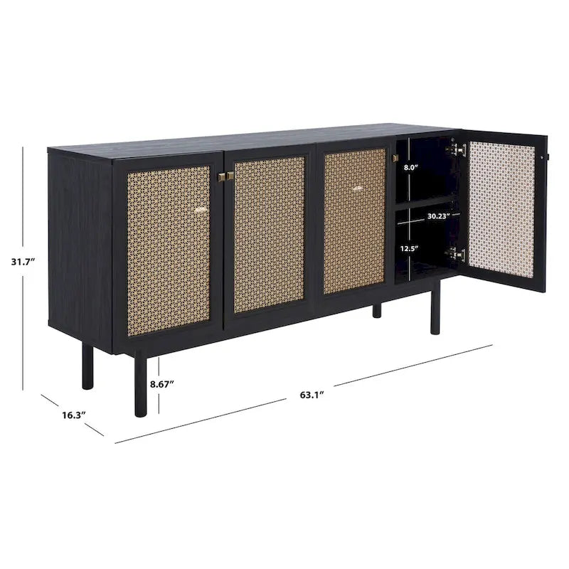 Meuble TV multimédia 4 portes de 160 cm avec portes en maille grillagée dorée
