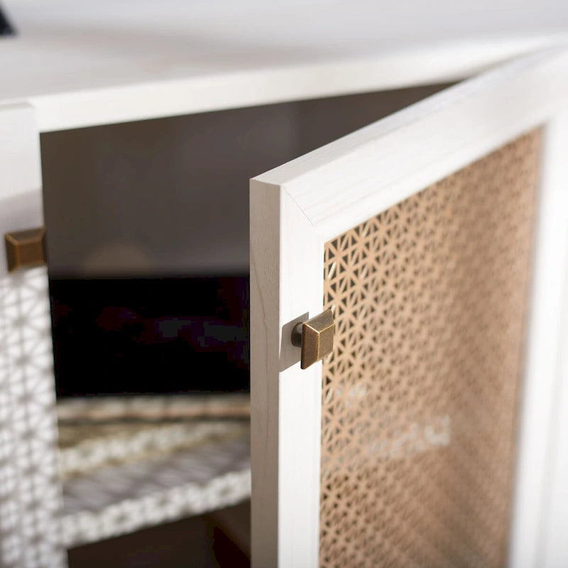 Meuble TV multimédia 4 portes de 160 cm avec portes en maille grillagée dorée