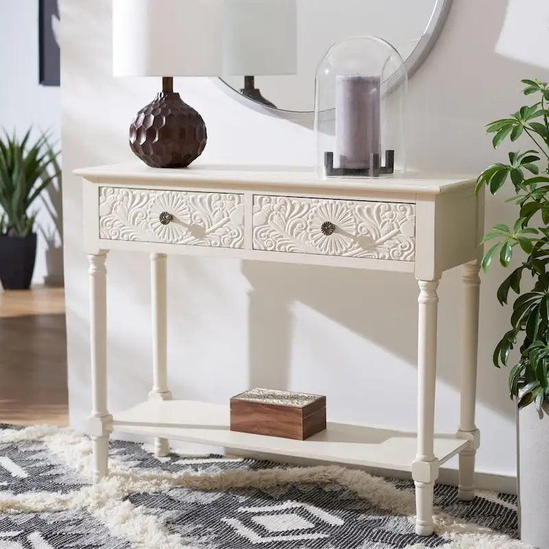 Console 2 tiroirs avec détails floraux sculptés