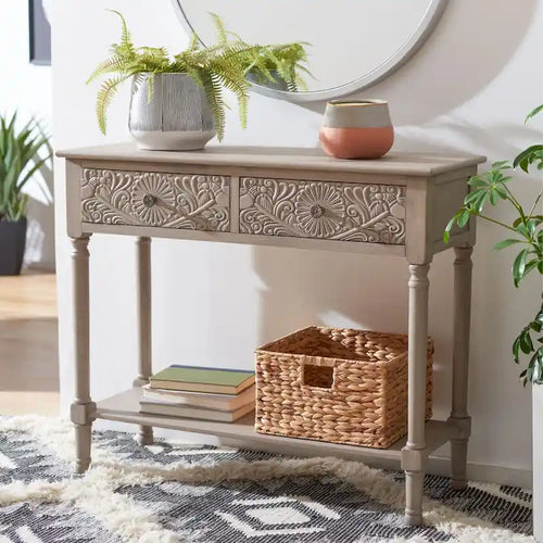 Console 2 tiroirs avec détails floraux sculptés