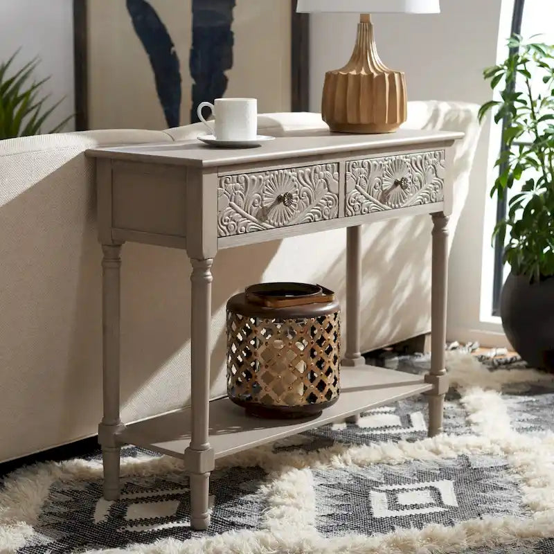 Console 2 tiroirs avec détails floraux sculptés