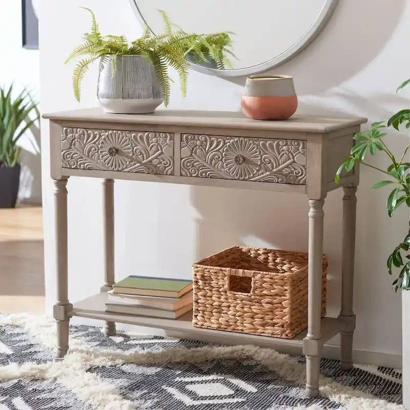 Console 2 tiroirs avec détails floraux sculptés