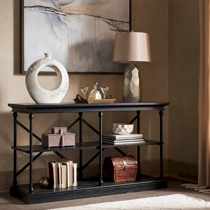 Console d'entrée en fer et bois avec étagères ouvertes