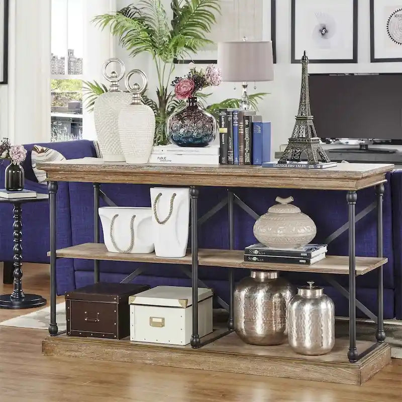 Console d'entrée en fer et bois avec étagères ouvertes