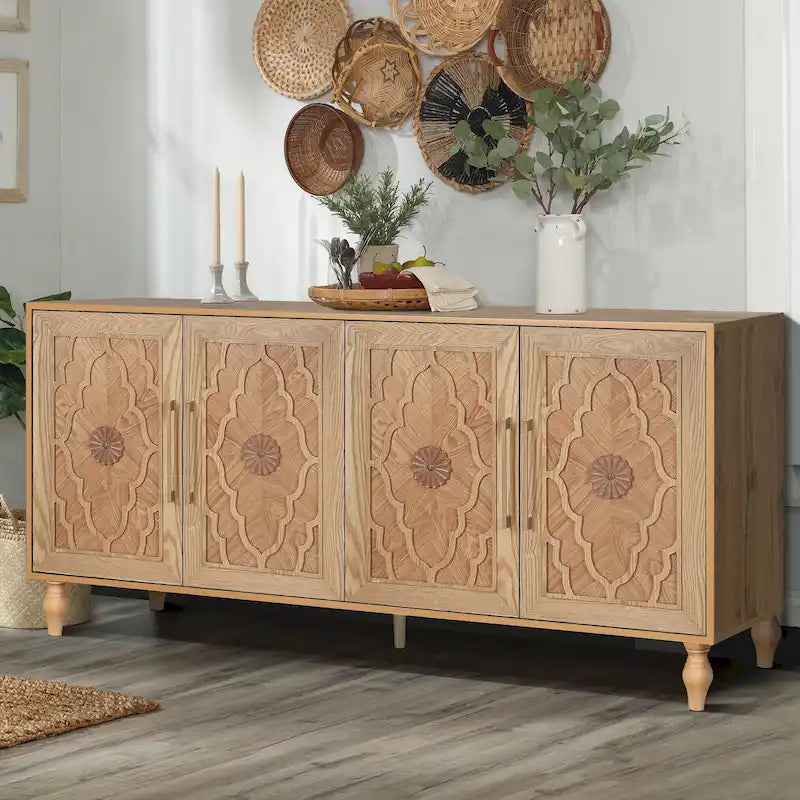 Vaisselier buffet à portes sculptées de fleurs grand meuble de rangement