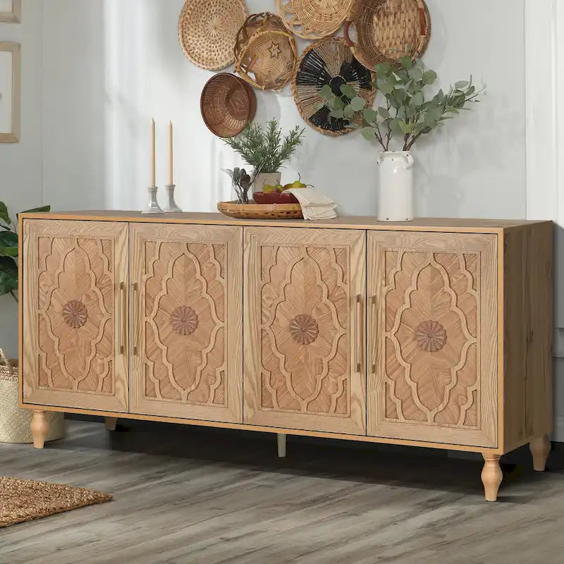 Vaisselier buffet à portes sculptées de fleurs grand meuble de rangement