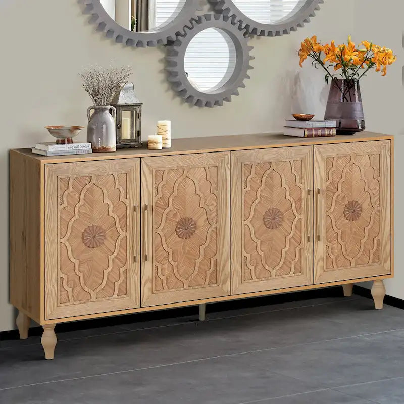 Vaisselier buffet à portes sculptées de fleurs grand meuble de rangement