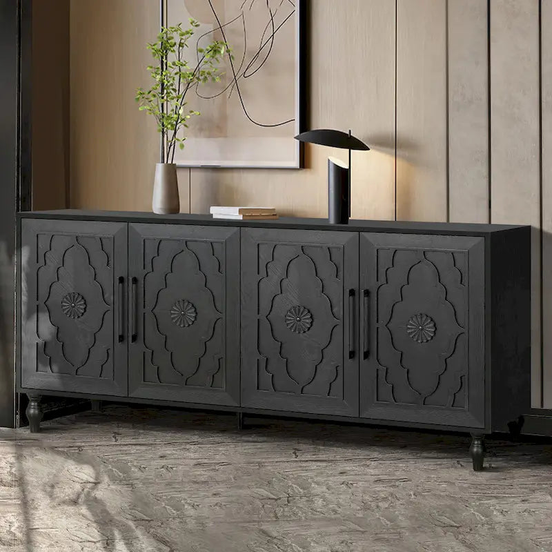 Vaisselier buffet à portes sculptées de fleurs grand meuble de rangement