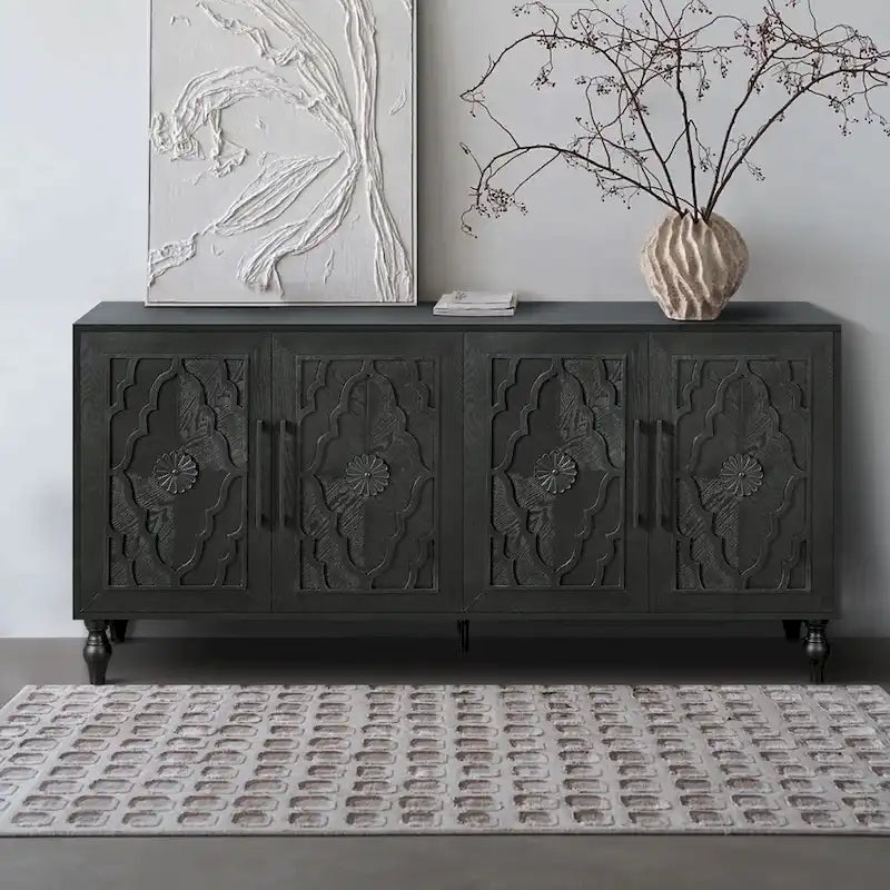 Vaisselier buffet à portes sculptées de fleurs grand meuble de rangement