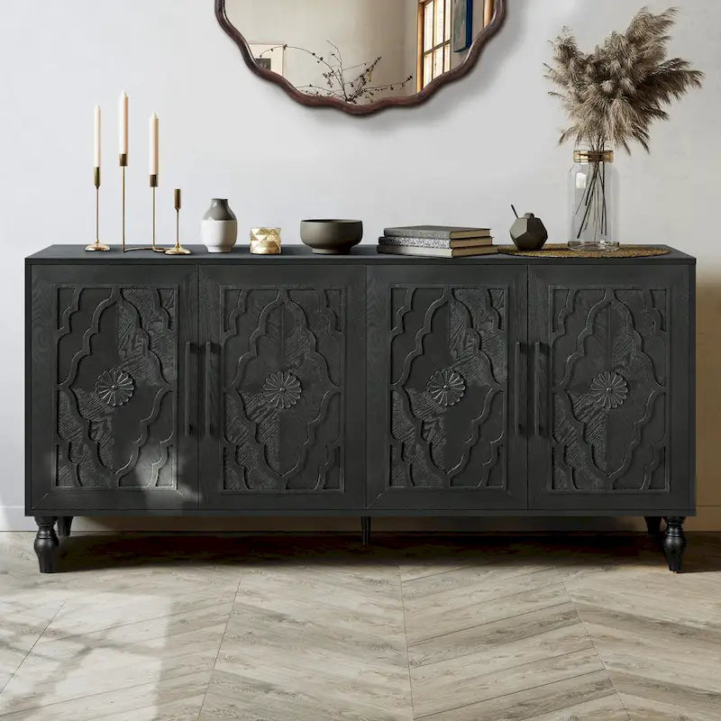 Vaisselier buffet à portes sculptées de fleurs grand meuble de rangement