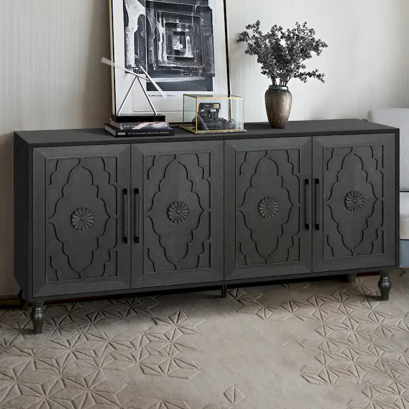 Vaisselier buffet à portes sculptées de fleurs grand meuble de rangement
