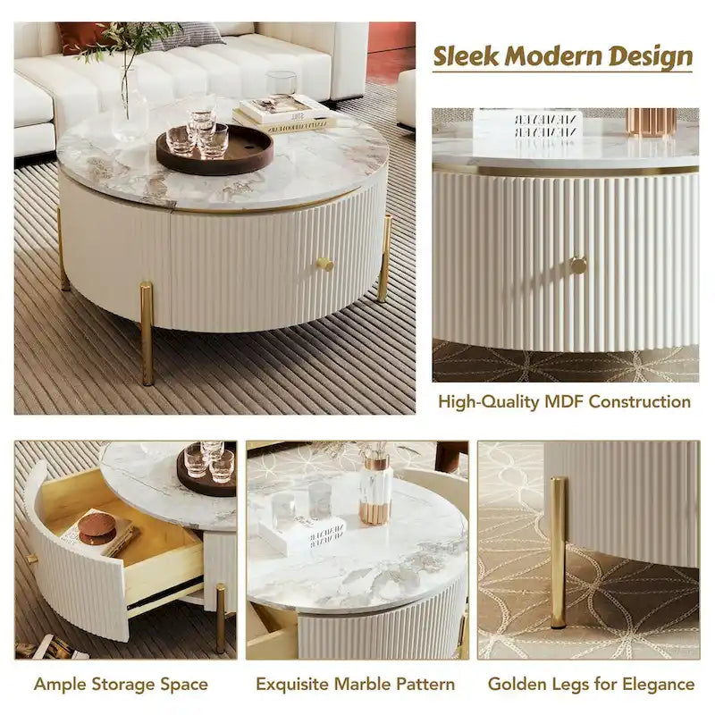 Table basse ronde moderne avec tiroirs