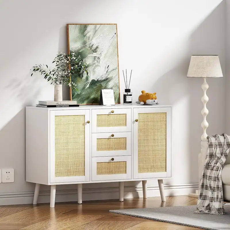 Buffet en rotin Mid-Century Modern à 2 portes avec tiroirs, 120 cm