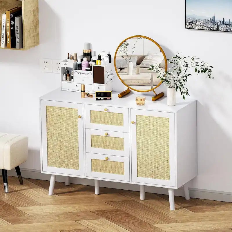 Buffet en rotin Mid-Century Modern à 2 portes avec tiroirs, 120 cm