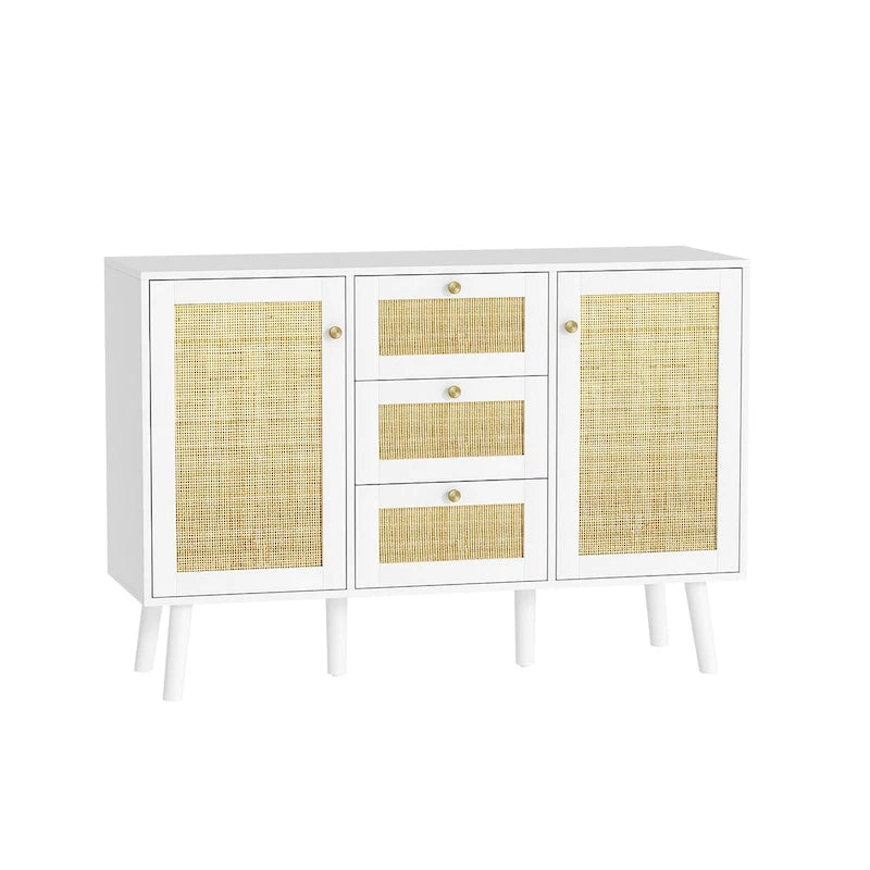 Buffet en rotin Mid-Century Modern à 2 portes avec tiroirs, 120 cm