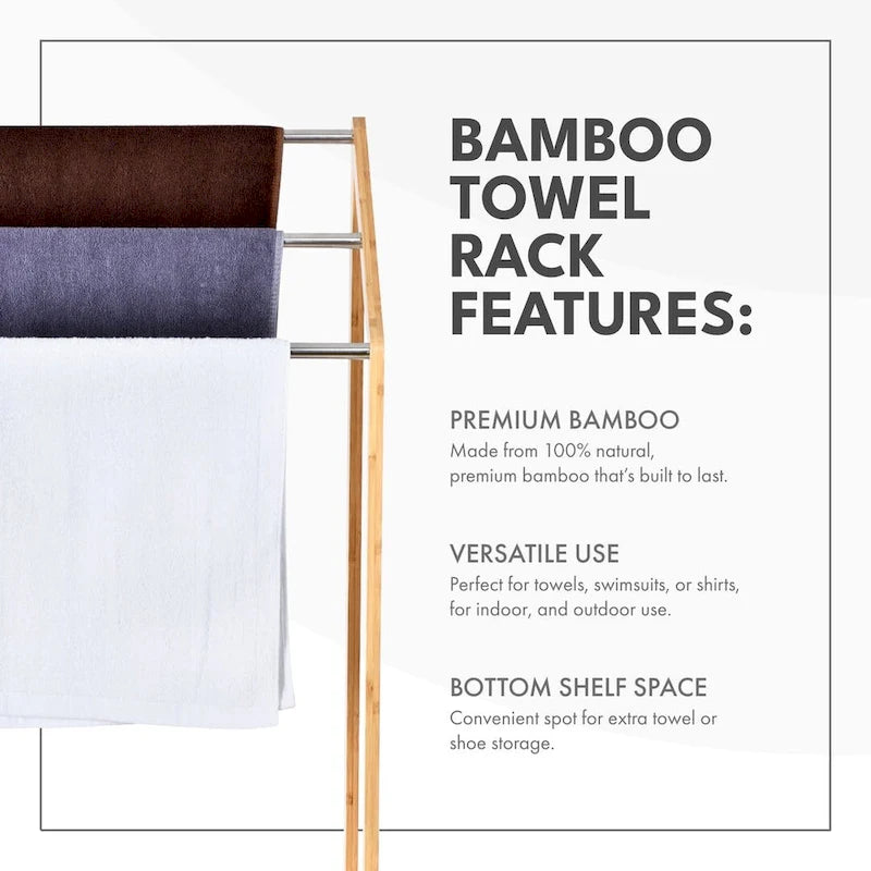 Porte-serviettes en bambou pour salles de bain (3 niveaux) - Support de serviettes de plage autoportant