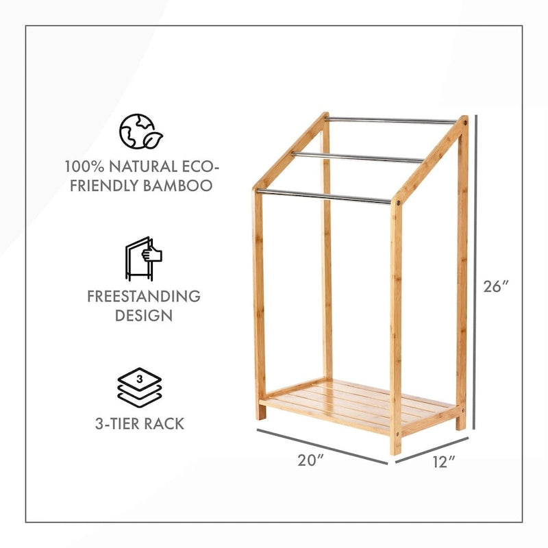 Porte-serviettes en bambou pour salles de bain (3 niveaux) - Support de serviettes de plage autoportant