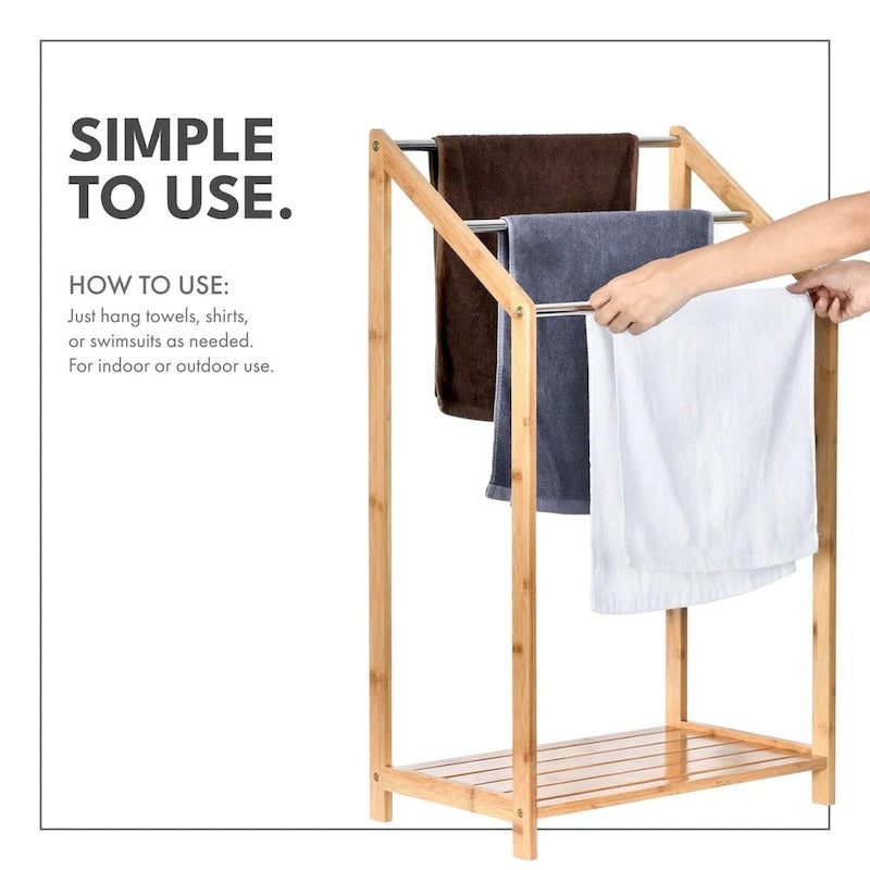 Porte-serviettes en bambou pour salles de bain (3 niveaux) - Support de serviettes de plage autoportant