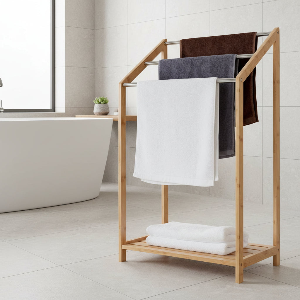 Porte-serviettes en bambou pour salles de bain (3 niveaux) - Support de serviettes de plage autoportant