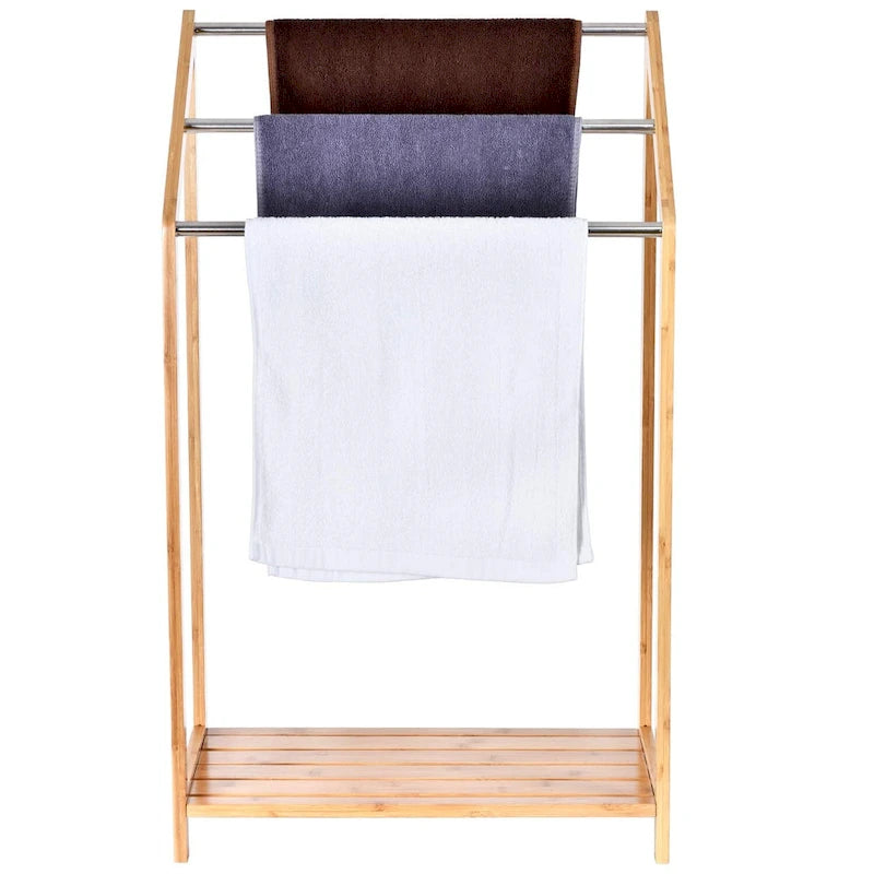 Porte-serviettes en bambou pour salles de bain (3 niveaux) - Support de serviettes de plage autoportant