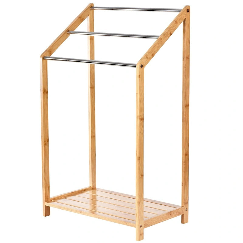 Porte-serviettes en bambou pour salles de bain (3 niveaux) - Support de serviettes de plage autoportant