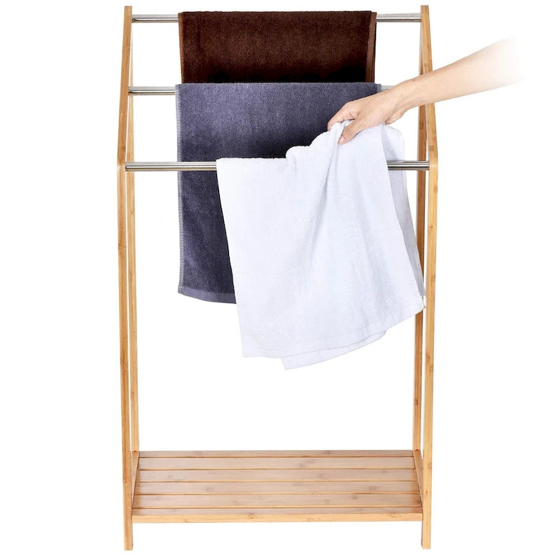 Porte-serviettes en bambou pour salles de bain (3 niveaux) - Support de serviettes de plage autoportant