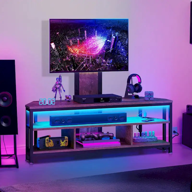 Meuble TV d'angle avec éclairage LED, support et prise de courant intégrés pour téléviseurs jusqu'à 70 pouces