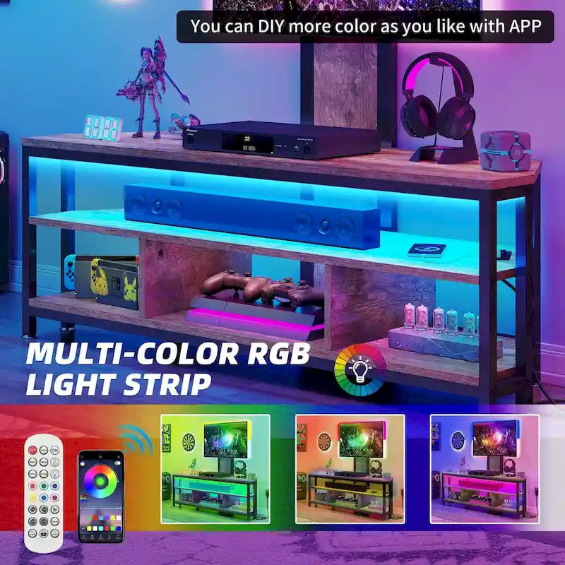 Meuble TV d'angle avec éclairage LED, support et prise de courant intégrés pour téléviseurs jusqu'à 70 pouces