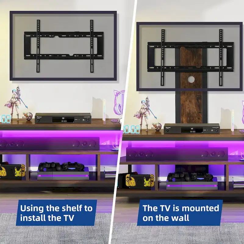 Meuble TV d'angle avec éclairage LED, support et prise de courant intégrés pour téléviseurs jusqu'à 70 pouces