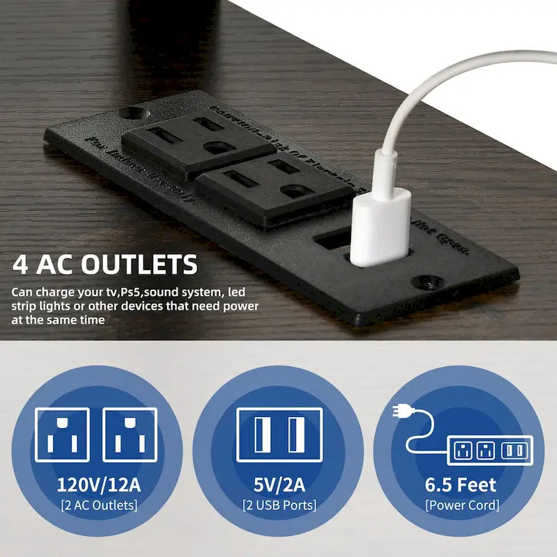 Meuble TV d'angle avec éclairage LED, support et prise de courant intégrés pour téléviseurs jusqu'à 70 pouces