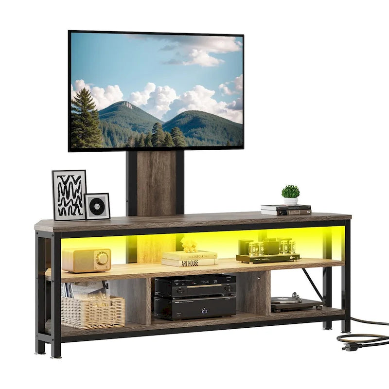 Meuble TV d'angle avec éclairage LED, support et prise de courant intégrés pour téléviseurs jusqu'à 70 pouces