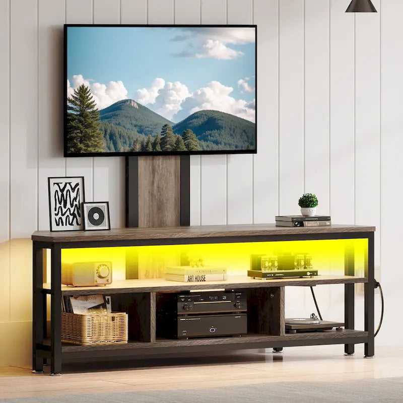 Meuble TV d'angle avec éclairage LED, support et prise de courant intégrés pour téléviseurs jusqu'à 70 pouces