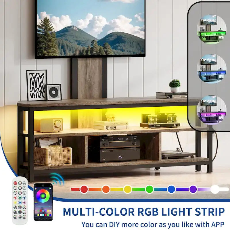 Meuble TV d'angle avec éclairage LED, support et prise de courant intégrés pour téléviseurs jusqu'à 70 pouces