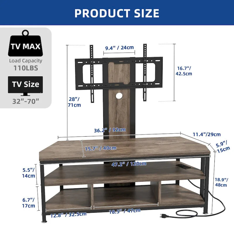 Meuble TV d'angle avec éclairage LED, support et prise de courant intégrés pour téléviseurs jusqu'à 70 pouces