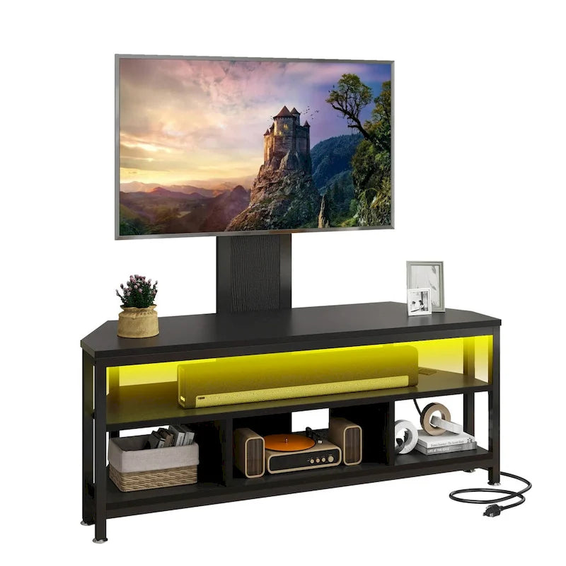 Meuble TV d'angle avec éclairage LED, support et prise de courant intégrés pour téléviseurs jusqu'à 70 pouces