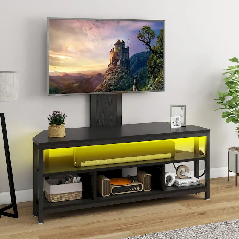 Meuble TV d'angle avec éclairage LED, support et prise de courant intégrés pour téléviseurs jusqu'à 70 pouces